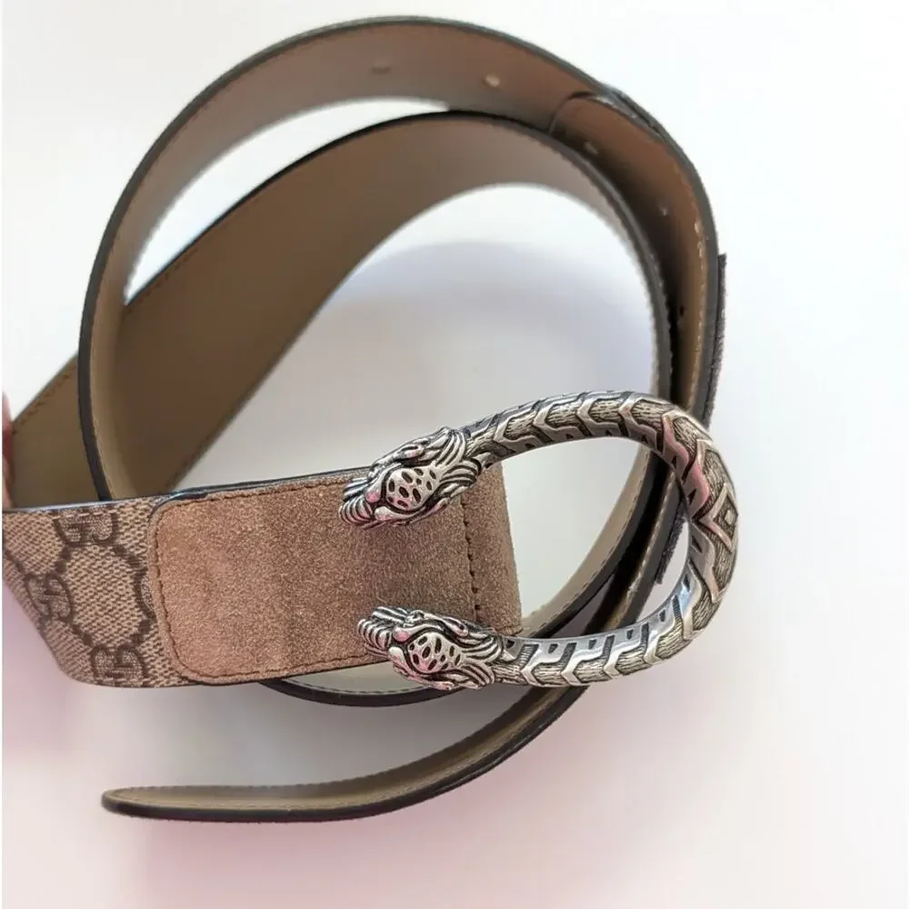 Gucci GG Supreme Monogram Suede Dionysus Belt Womens 85 34 Beige Taupe